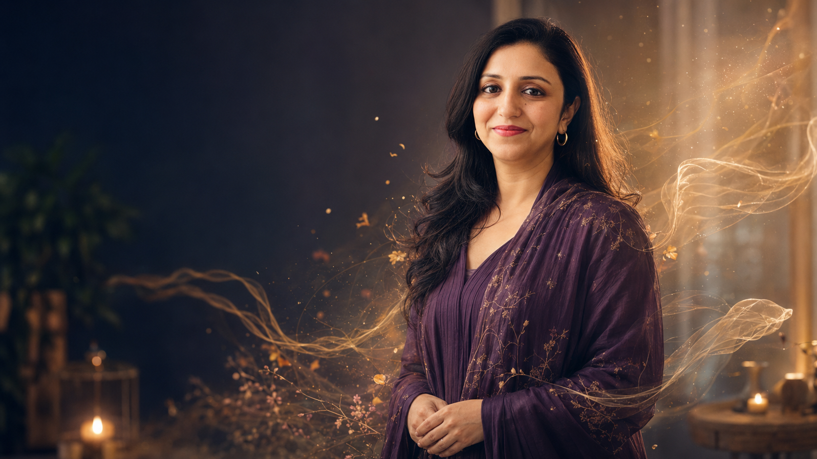 Khushboo K Jainn, energy healer, surrounded by golden threads of light